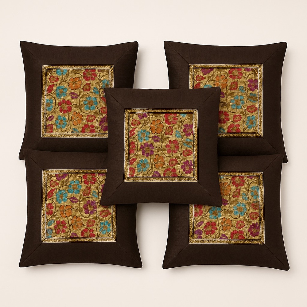 Elegant Banarasi Silk Cushion Cover Set (Set of 5) Brand New Zipper closing